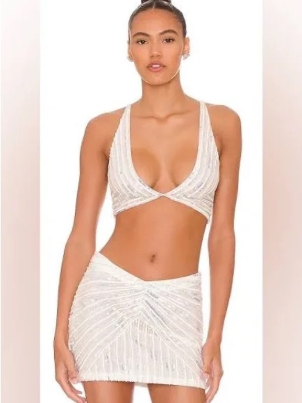 Retrofete White Beaded Two-Piece Skirt Set